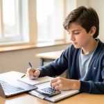 A high school student works through a personal budget in a notebook with a calculator at a classroom desk