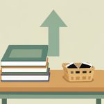 Illustration of a classroom desk with a stack of books, a basket of phones, and an upward arrow