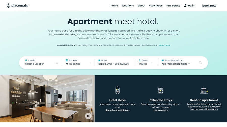 Placemakr homepage with the headline Apartment meet hotel and options for hotel stays, extended stays and apartment rentals