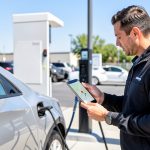 An EV driver comparing two charging apps on a phone at a fast-charging station