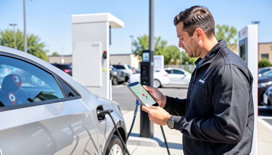 An EV driver comparing two charging apps on a phone at a fast-charging station