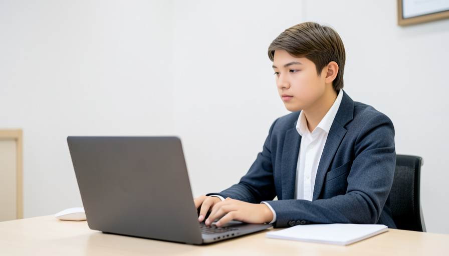 A student at a tidy desk holding a laptop webcam up to scan the room before an online exam