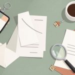 Flat illustration of a smartphone photographing a paper bill on a kitchen table beside an envelope, a magnifying glass, a coffee mug and a house-shaped keychain