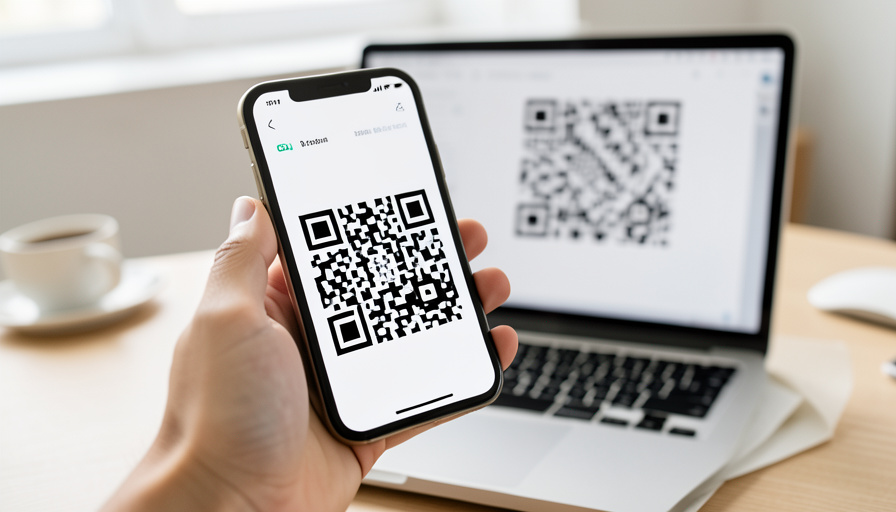 A phone held up to scan a QR code displayed on a laptop screen to log in