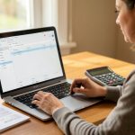 A small business owner reviewing accounting software and contractor payments on a laptop at a desk
