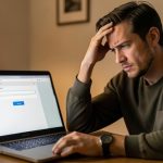 A frustrated website visitor at a laptop stuck on a contact form challenge that will not accept them