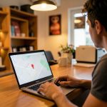 A small business owner looking at a laptop showing a map listing on the screen