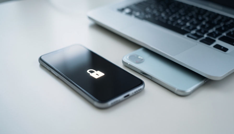 A phone showing a locked account screen next to a laptop, representing recovering an Apple Account without a trusted phone number