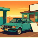 Retro poster illustration of a teal compact car at a desert roadside rental stop with a gas pump, a blank oversized payment card and a small motel