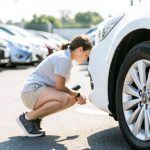 A traveler photographing the front bumper of a rental car with a phone in a rental lot before driving off