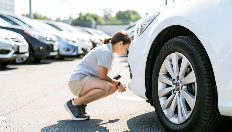 A traveler photographing the front bumper of a rental car with a phone in a rental lot before driving off