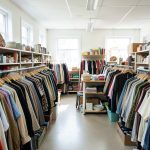 A rack of secondhand clothing and shelves of assorted goods inside a bright thrift store