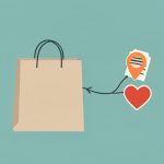 Illustration of a shopping bag linked by lines to a location pin, a receipt, and a heart icon