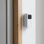 A battery video doorbell mounted with a no-drill bracket beside an apartment door, showing a renter-friendly setup