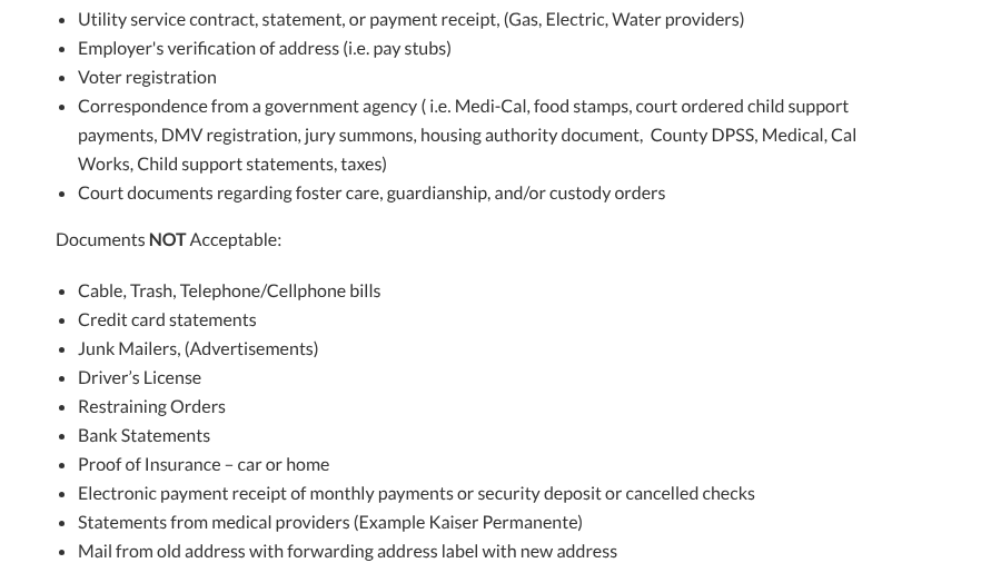 Riverside Unified School District proof of residency page listing documents not acceptable, including cellphone bills, bank statements and driver's licenses