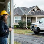 A homeowner at the front door talking to a roofing contractor holding a clipboard after a storm
