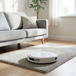 A robot vacuum cleaning the floor of a small tidy modern apartment living room