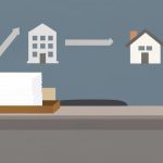Illustration of an HR desk with a stack of request forms below an office building and a house linked by arrows