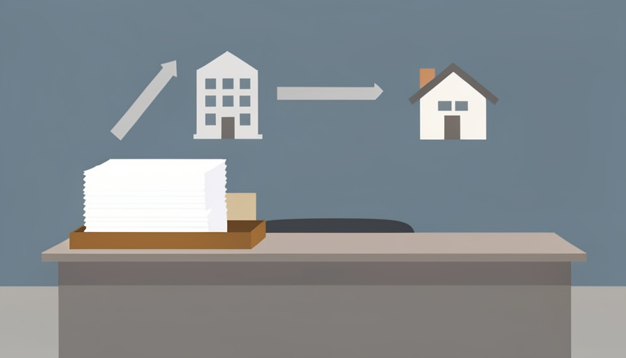 Illustration of an HR desk with a stack of request forms below an office building and a house linked by arrows