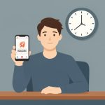 Illustration of an office worker holding a phone showing a viral post, with a wall clock behind