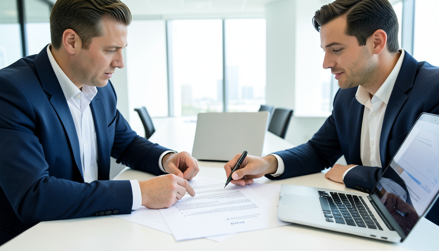 Two business colleagues reviewing a software contract on a laptop and printout at a conference table