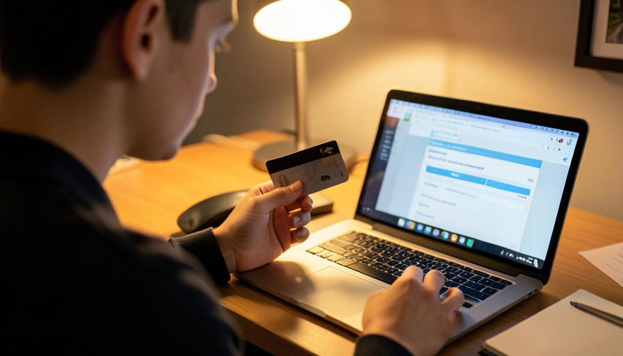 A student at a laptop reading a scholarship email with a payment request, looking cautious