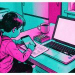 Risograph print in pink and teal of a kitchen table with a backpack, a phone scanning a sheet of paper, an open laptop, crayons and a coffee cup