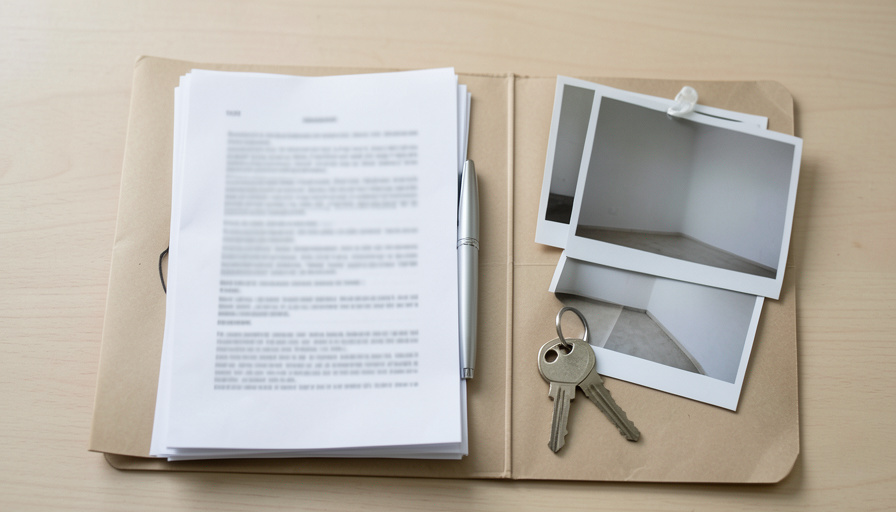 A tenant assembling documents and photos into a folder to dispute a security deposit deduction with a demand letter