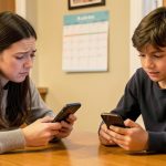 A family looking at a phone calendar app while a wall calendar shows a missed appointment