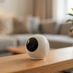 A small indoor smart home security camera on a shelf pointed at a living room, illustrating camera privacy settings