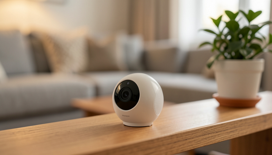 A small indoor smart home security camera on a shelf pointed at a living room, illustrating camera privacy settings