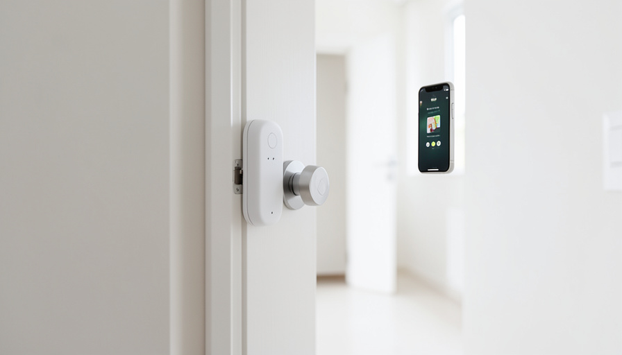A smart lock attached to the inside of an apartment door over an existing deadbolt thumbturn