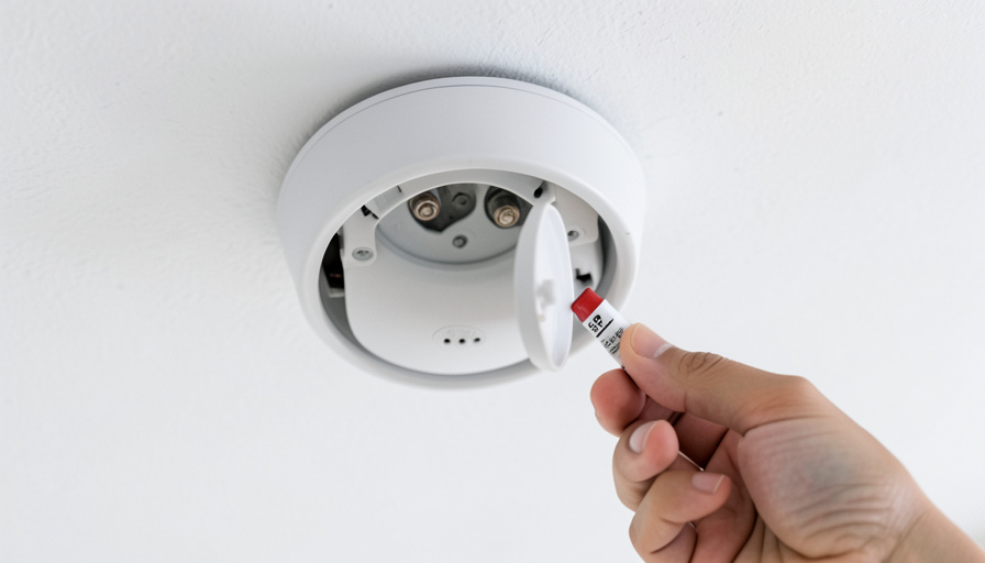A ceiling-mounted round smoke alarm with its battery cover open, representing troubleshooting a chirping smoke alarm