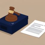 Illustration of a gavel resting on a game console box beside a folded legal document