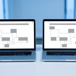 A laptop showing two near-identical browser windows side by side, representing a staging site duplicated in search results