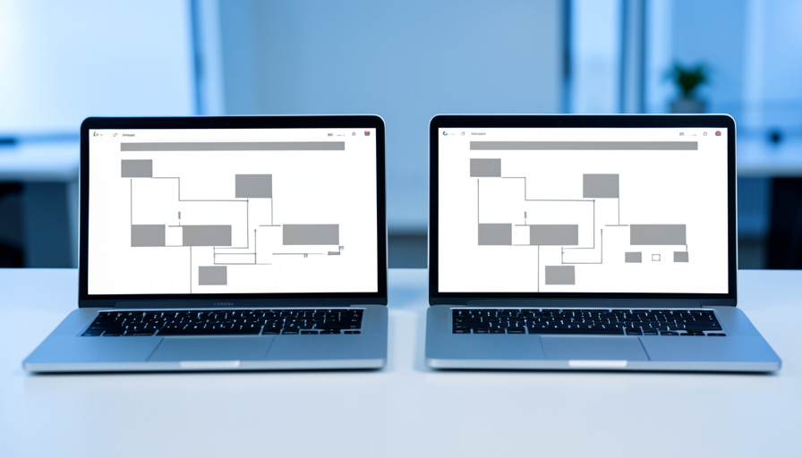 A laptop showing two near-identical browser windows side by side, representing a staging site duplicated in search results