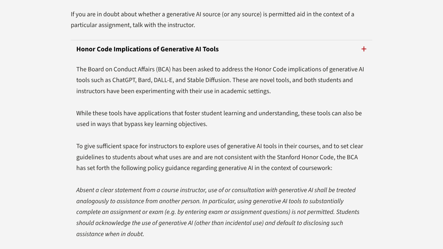 Stanford Board on Conduct Affairs generative AI guidance stating that, absent an instructor statement, AI use is treated like assistance from another person