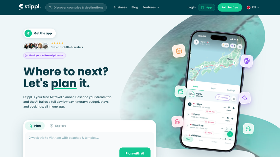 Stippl homepage with the headline Where to next? Let's plan it. and a phone showing a multi-city Japan itinerary