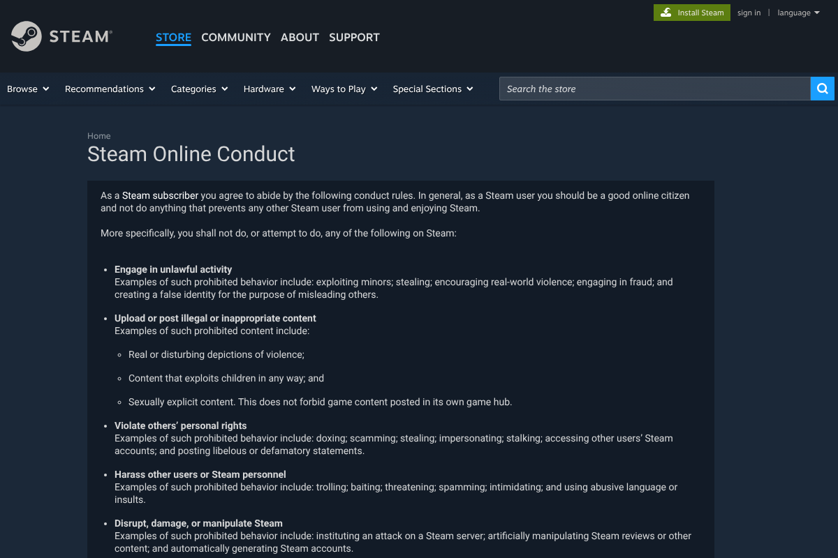 Steam Online Conduct rules page listing prohibited behavior including manipulating reviews