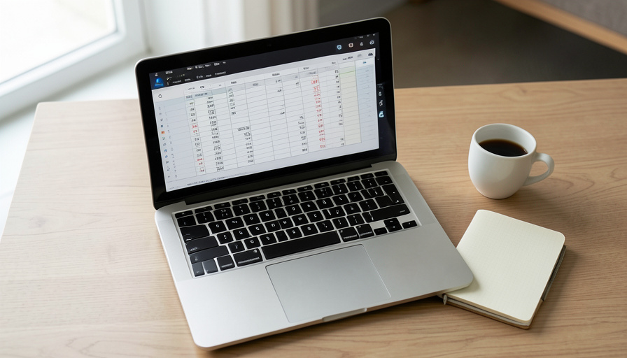 A laptop showing a budget spreadsheet with a list of subscriptions on a tidy desk, illustrating tracking paused subscriptions