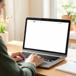 A writer at a laptop setting up a newsletter on a custom domain, with a clean branded publication on screen