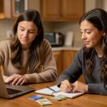 Two people review budgeting on a laptop at a kitchen table with a bank card and cash