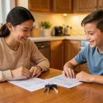 A parent and teenager reviewing car insurance documents together at a kitchen table with car keys nearby