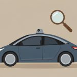 Illustration of a driverless car with a roof sensor and a magnifying glass hovering over it