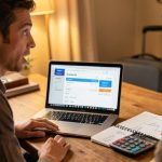 A traveler at a laptop comparing a hotel booking total against a travel budget spreadsheet