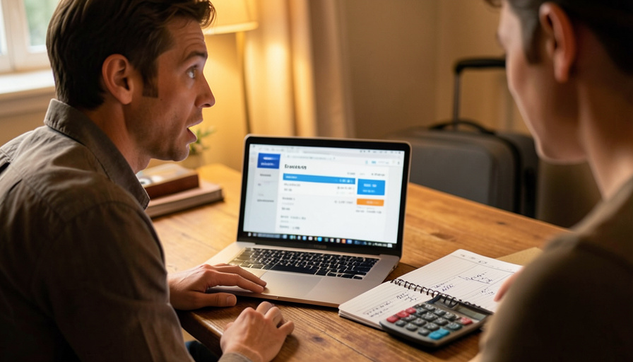 A traveler at a laptop comparing a hotel booking total against a travel budget spreadsheet