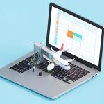 Isometric 3D scene of a miniature airport gate with a small airplane and travelers on a laptop keyboard, with a blank spreadsheet grid on the screen behind