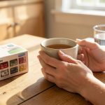 A calm close-up of a person's hands holding a mug at a sunlit kitchen table with a daily pill organizer nearby