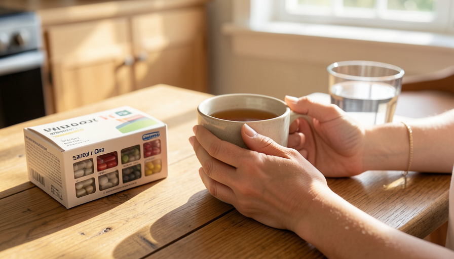 A calm close-up of a person's hands holding a mug at a sunlit kitchen table with a daily pill organizer nearby