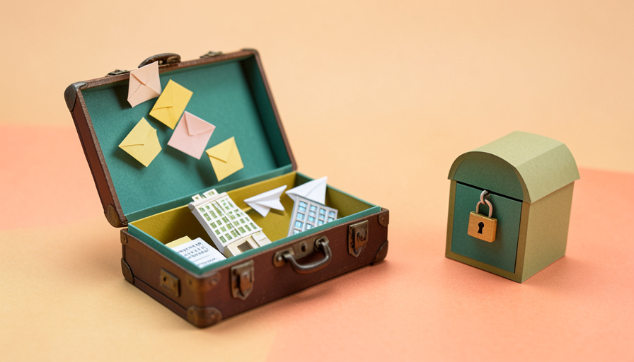 Papercraft illustration of an open vintage suitcase filling with paper envelopes, a hotel and paper airplanes, beside a locked paper mailbox